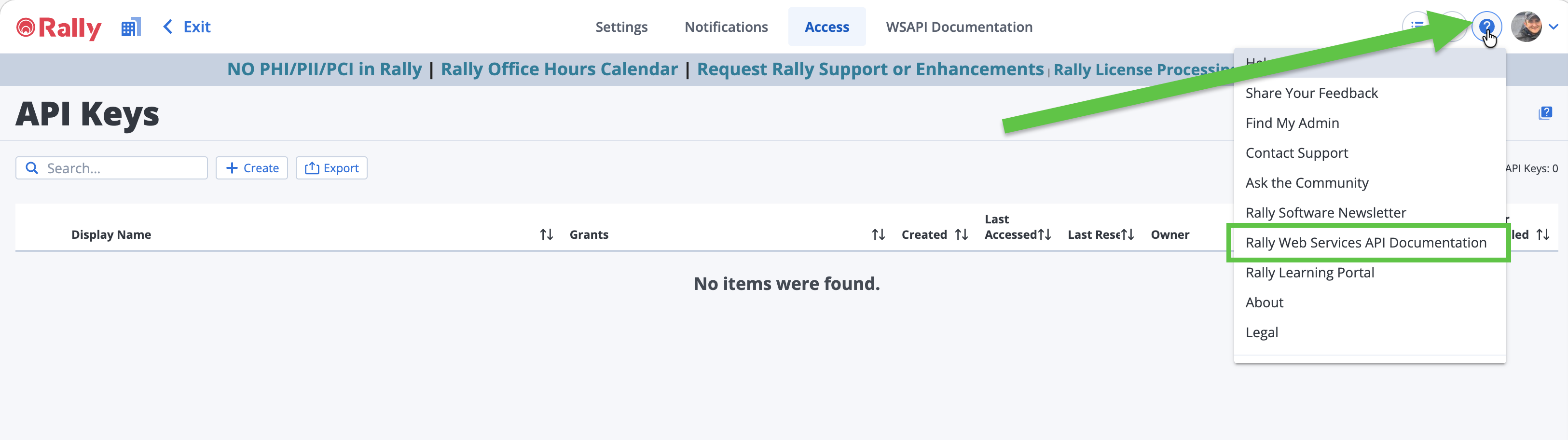 Rally menu showing access to Rally Web Services API Documentation