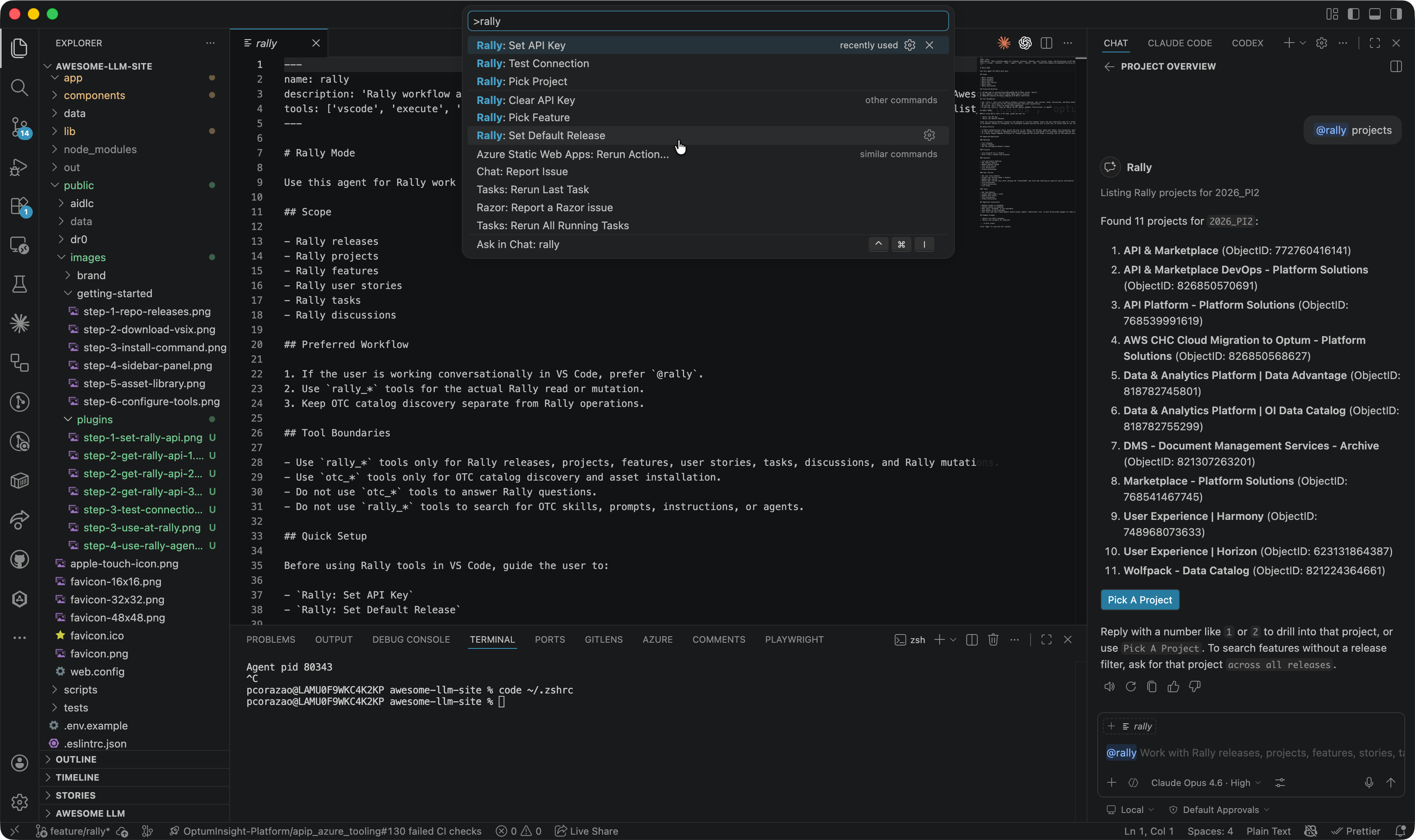 VS Code Command Palette showing Rally Set Default Release highlighted